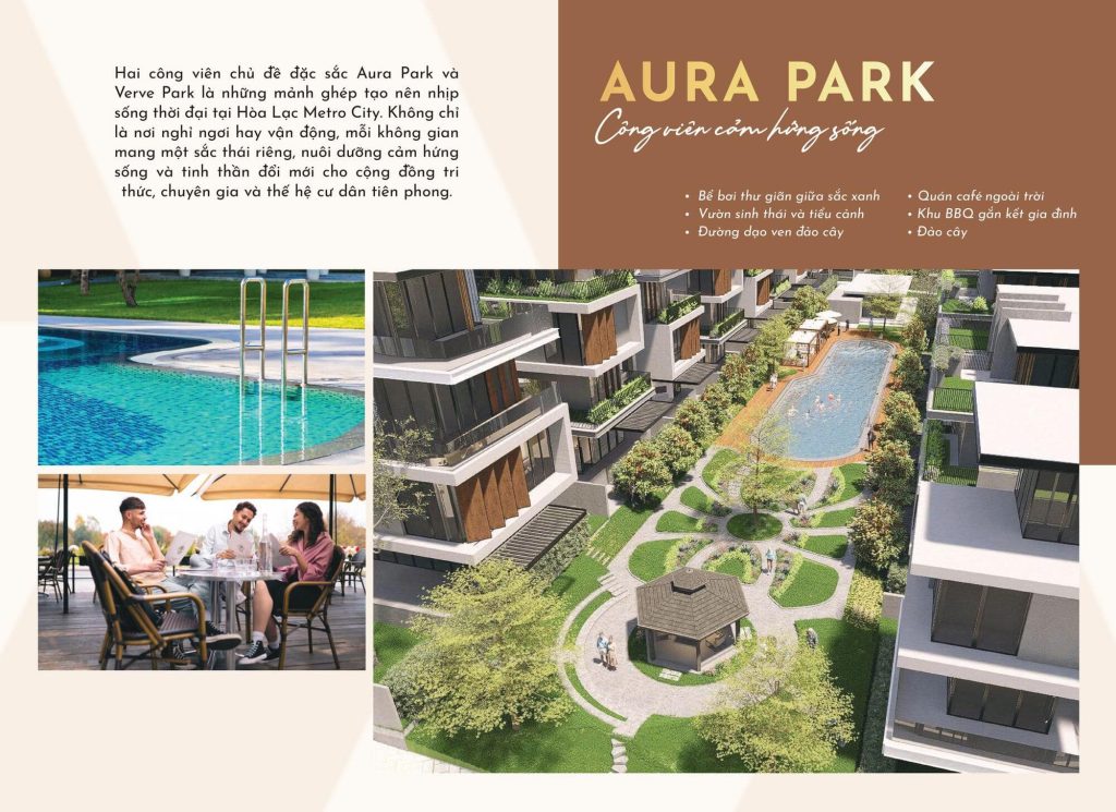 Tiện ích Hòa Lạc Metro City - Thông tin chính thức từ Sun Group 5 Aura Park được thiết kế như một ốc đảo xanh giữa lòng khu đô thị. Bể bơi thư giãn nằm giữa không gian xanh mát tạo điểm nhấn cho toàn khu. Nước trong xanh cùng cảnh quan xung quanh mang lại cảm giác thư thái và thoải mái.