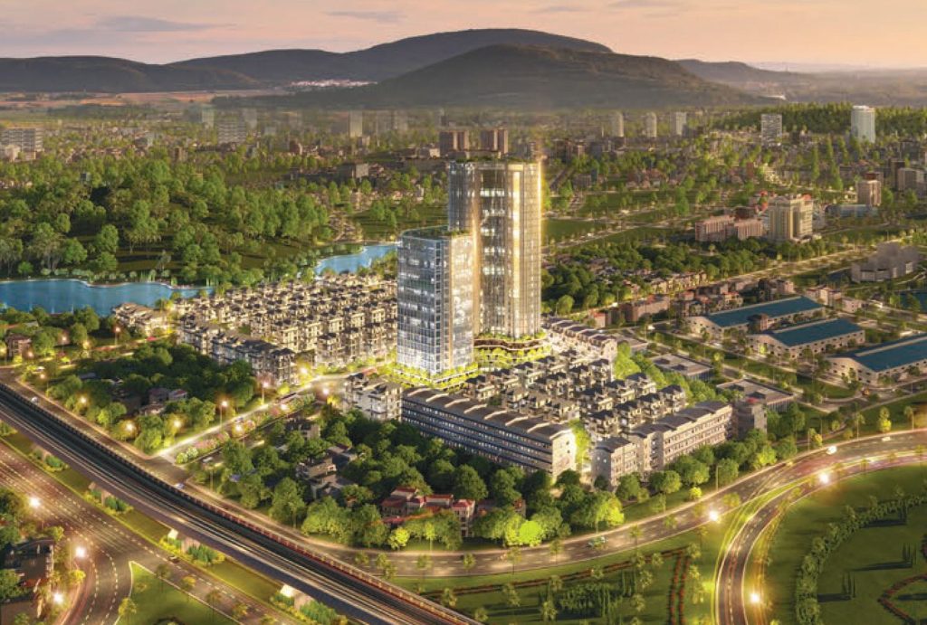 KITA Group - Chủ đầu tư dự án Hòa Lạc Metro City 10 Phối cảnh tổng thể Hòa Lạc Metro City với hai tòa tháp cao tầng nổi bật, khu biệt thự và liền kề bao quanh