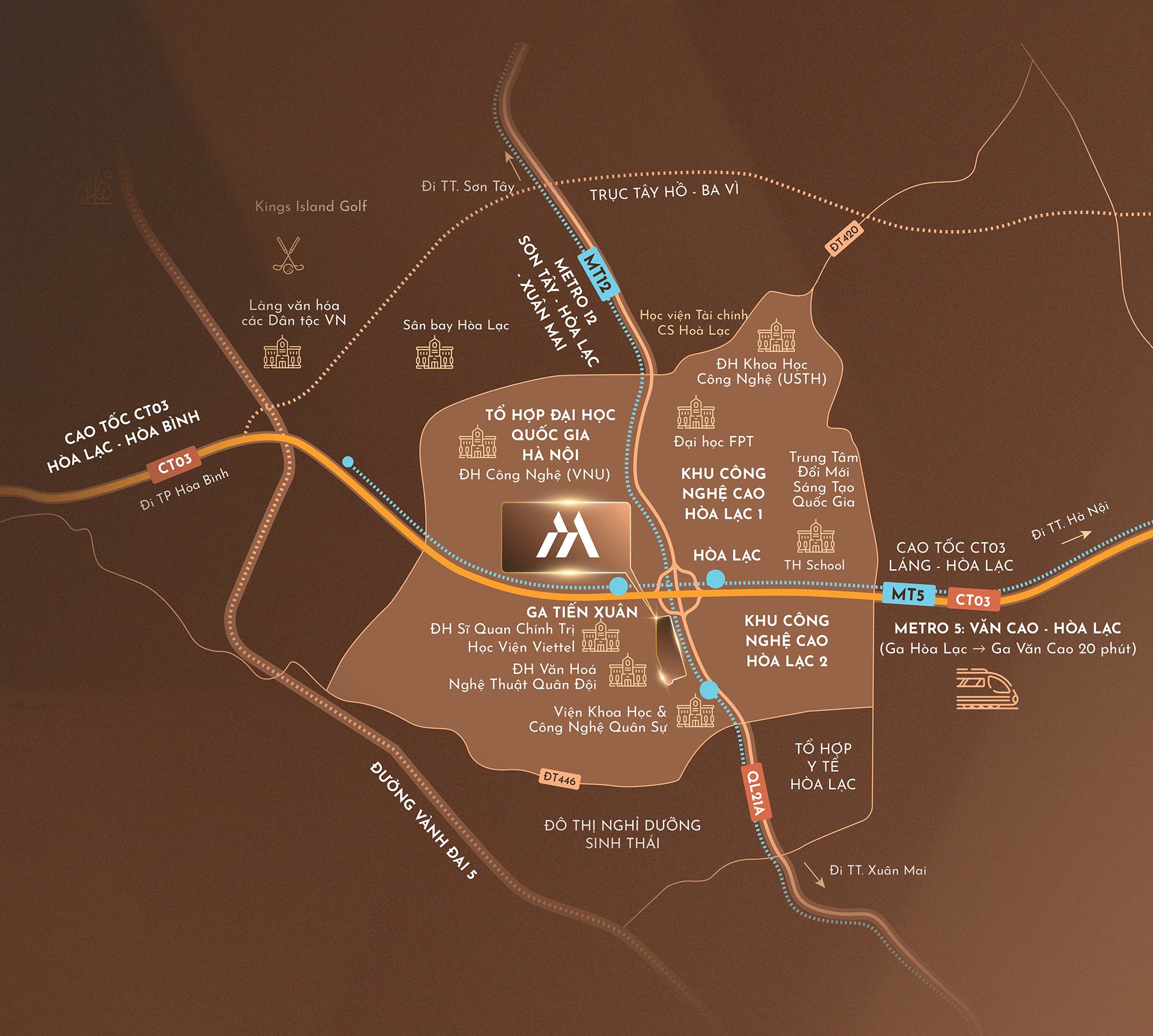 Vị trí Hòa Lạc Metro City - Thông tin chính thức từ KITA Group 1 Vị trí đắc địa Hòa Lạc Metro City – Trái tim đô thị vệ tinh phía Tây Hà Nội, dễ dàng kết nối cao tốc CT03, tuyến Metro 5 & 12, Tổ hợp ĐH Quốc gia Hà Nội, Khu công nghệ cao Hòa Lạc và các tiện ích giáo dục – y tế – vui chơi hàng đầu, mở ra tiềm năng tăng trưởng vượt trội.
